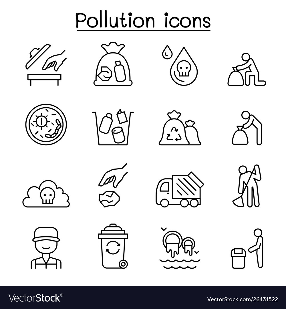 Pollution icon set in thin line style Royalty Free Vector