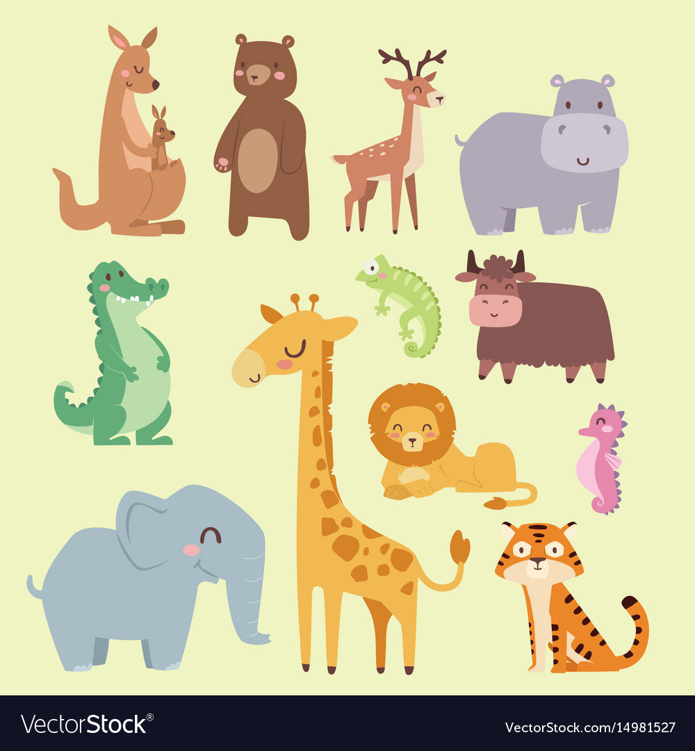 Cute zoo cartoon animals isolated funny wildlife Vector Image