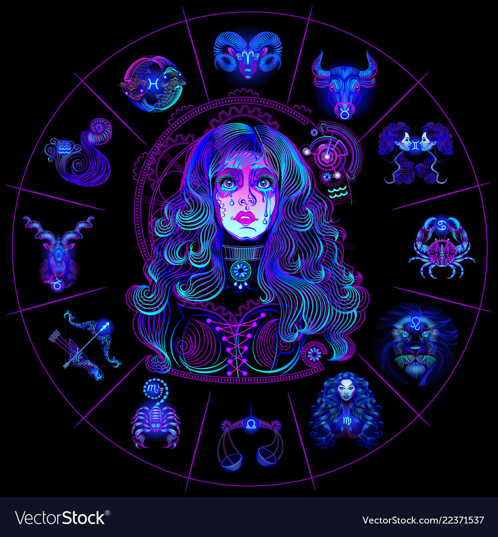 Neon horoscope circle with signs of zodiac set Vector Image