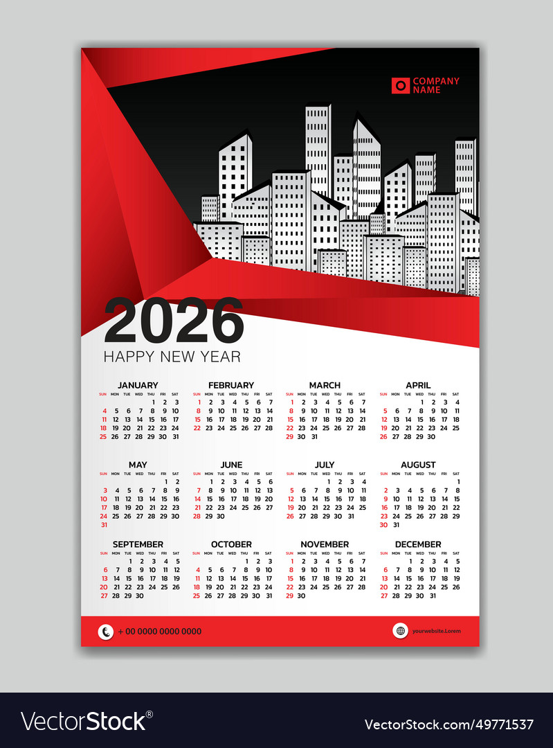 Wall calendar 2026 year red polygon template Vector Image