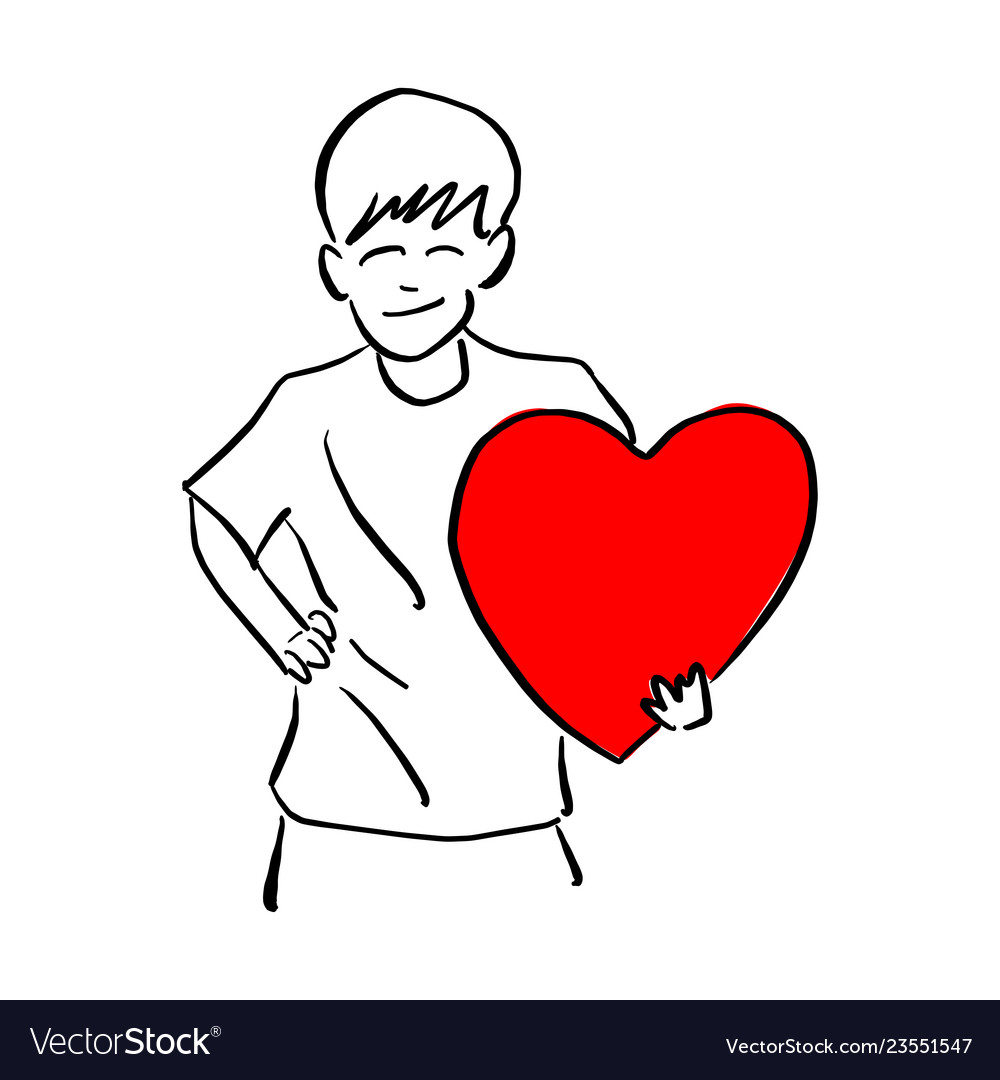 Boy holding big red heart shape sign on his left Vector Image