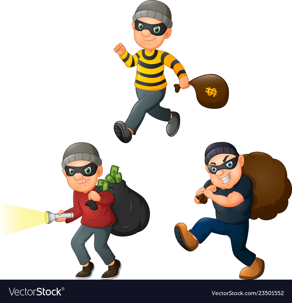 Cartoon thief in a collection of different actions Cartoon thief in a collection of different actions