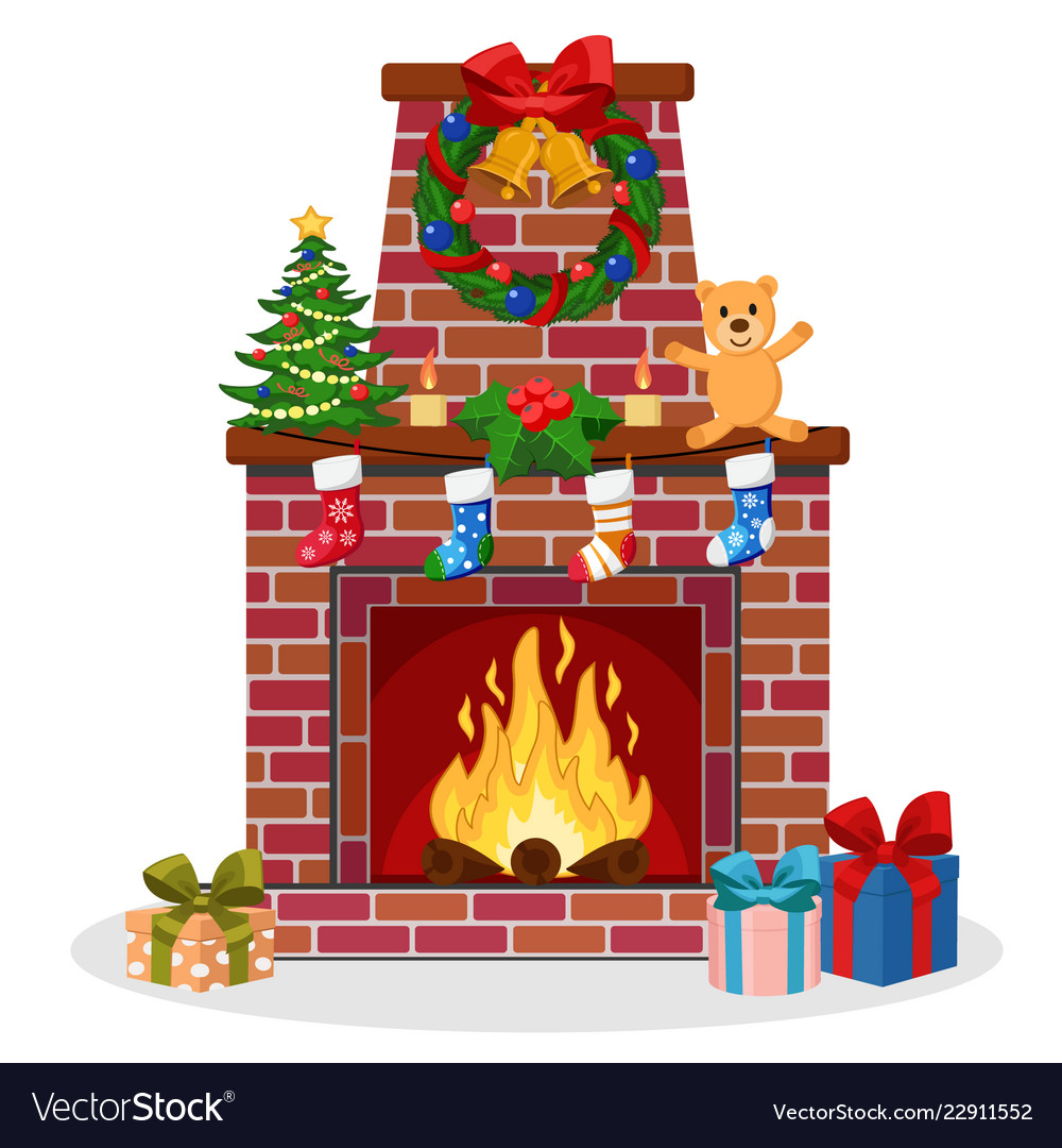 Fireplace of brick decorated with socks christmas Vector Image