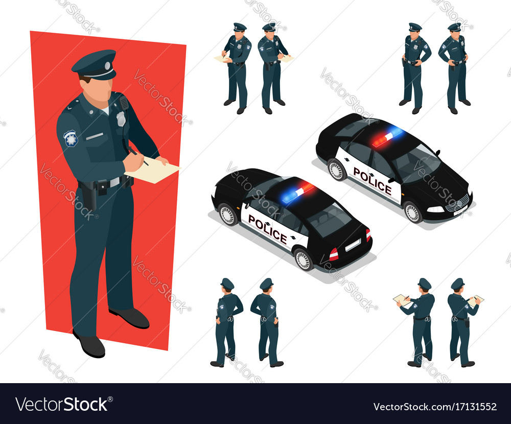 Isometric police-officer in uniform and police car