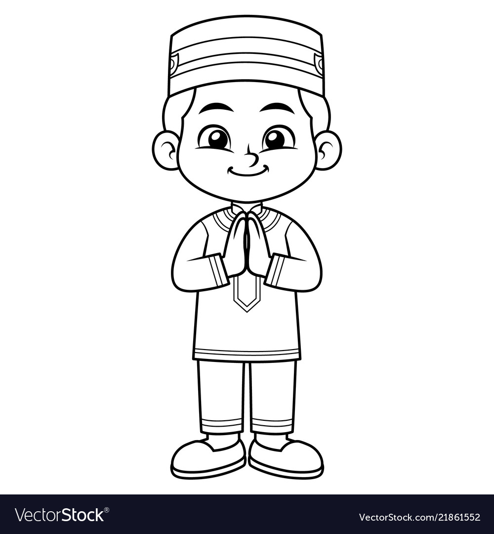 Moslem boy greeting salaam ramadan bw Royalty Free Vector