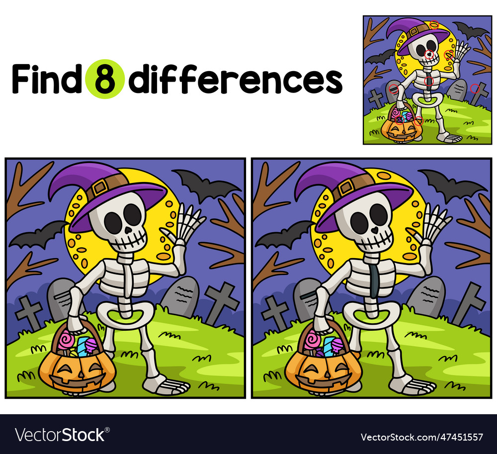 Skeleton halloween find the differences Royalty Free Vector