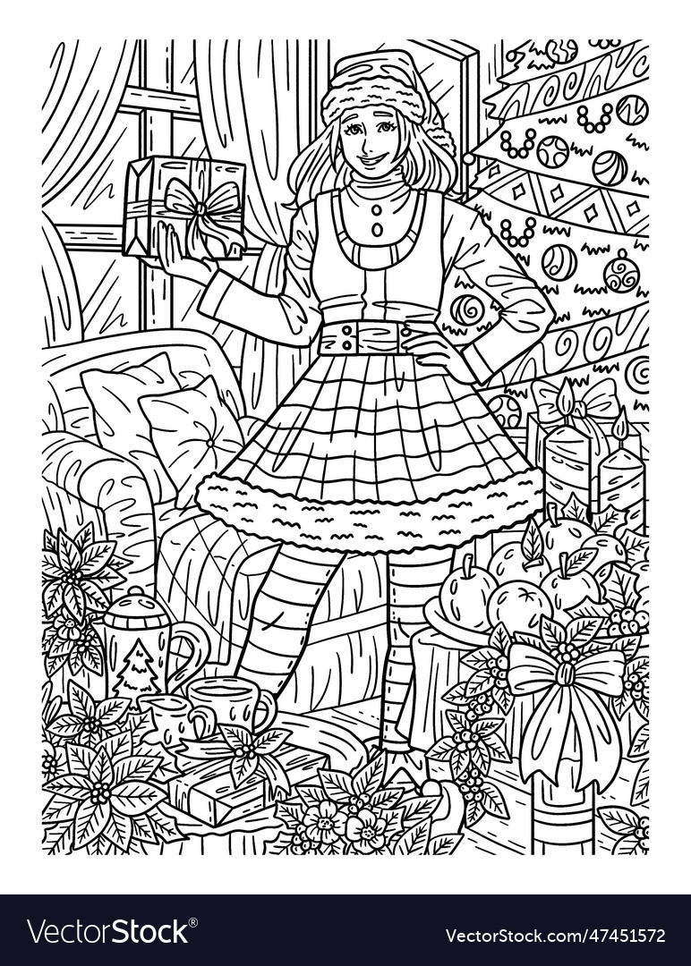 Christmas woman in elf outfit adults coloring page