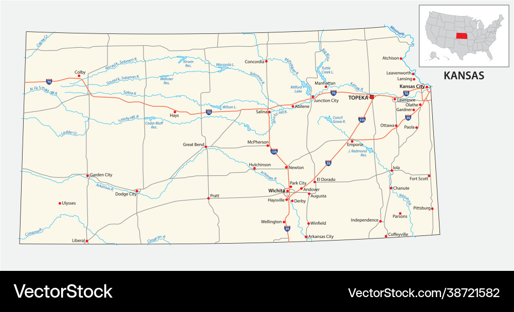 Road map us american state kansas Royalty Free Vector Image