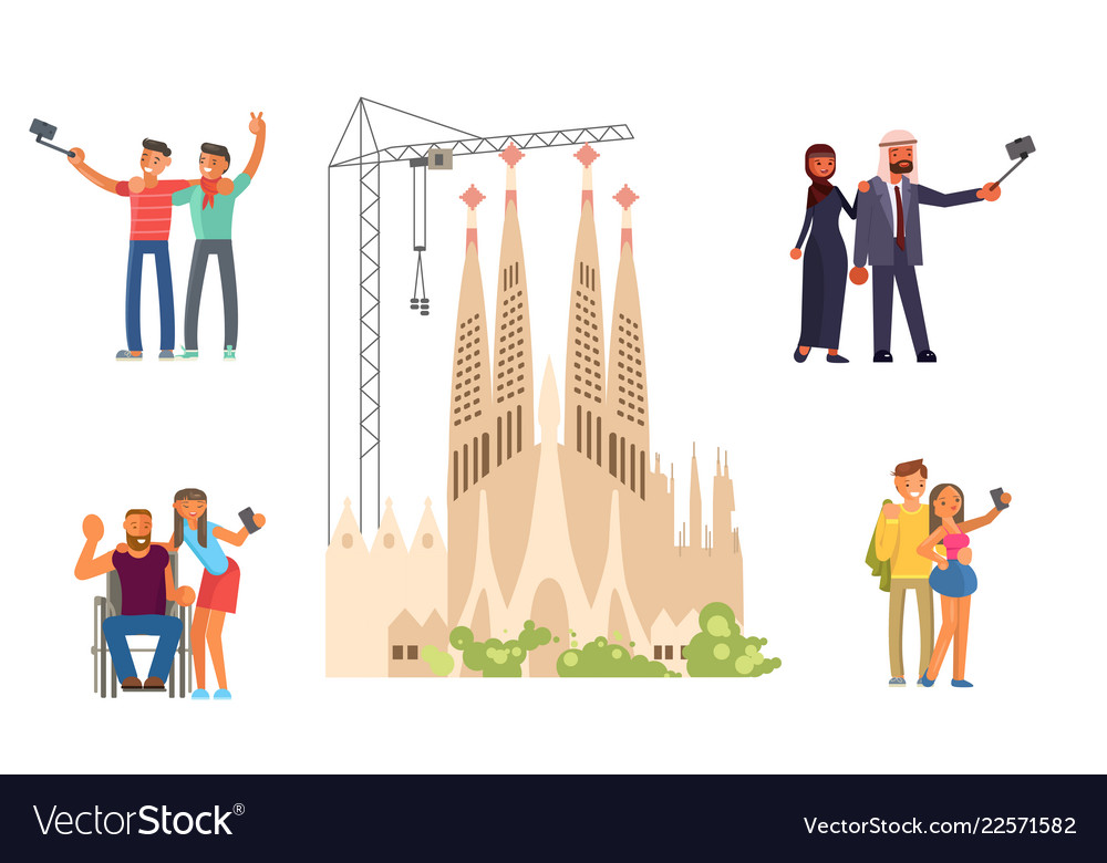 Voyage Around Europe People And Sagrada Familia Vector Image