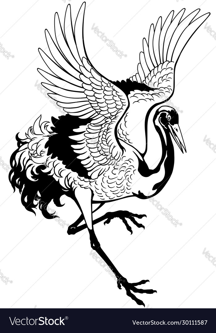 Dancing japanese crane black and white Royalty Free Vector