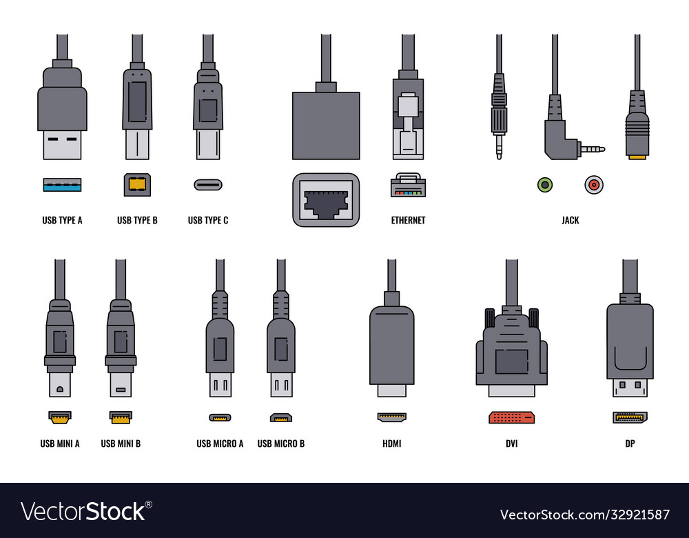 Usb cable and mobile cell phone plugs set Vector Image