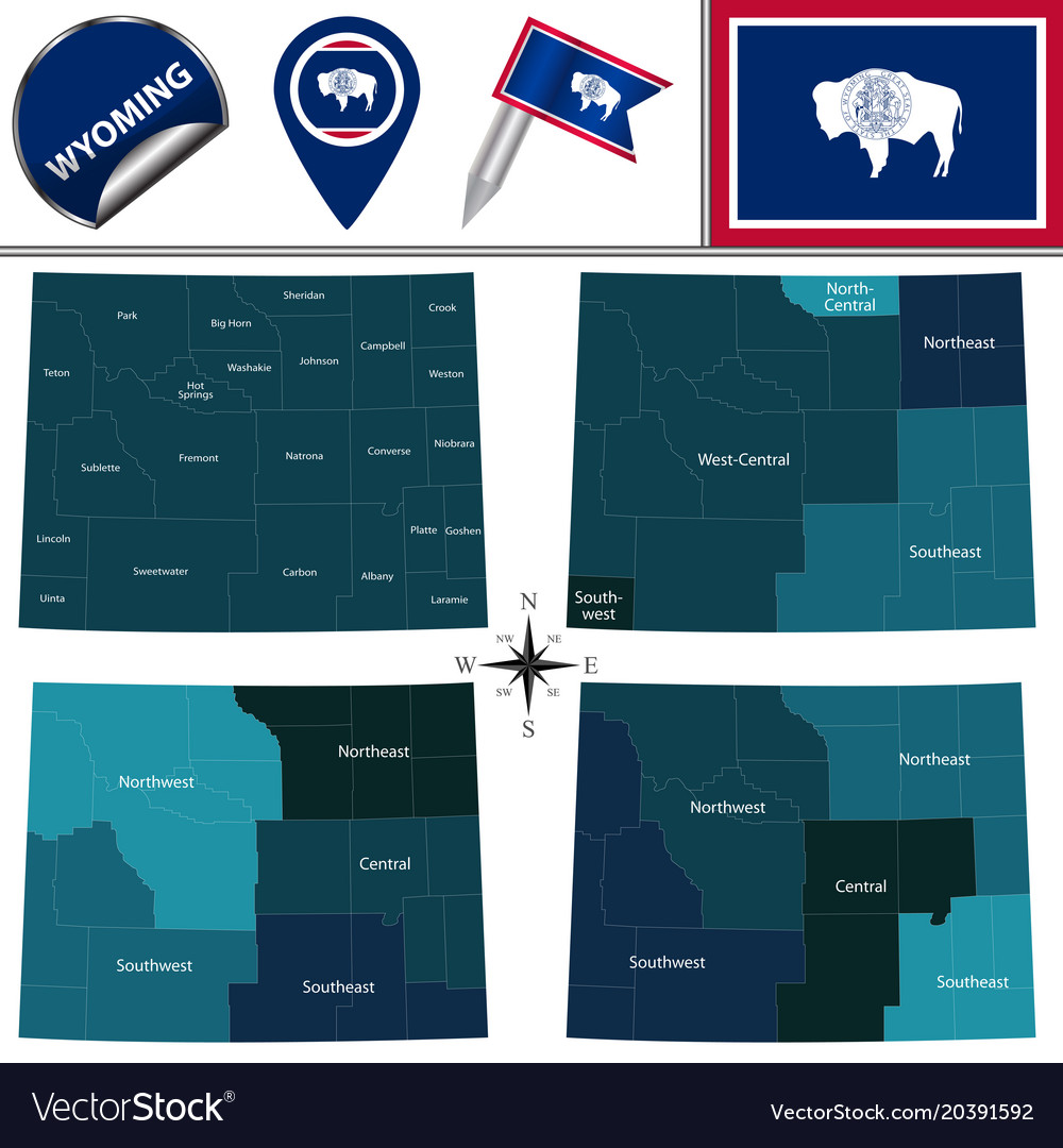 Map of wyoming with regions Royalty Free Vector Image