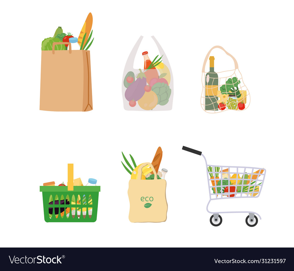 Fresh groceries in assorted bags and baskets Vector Image