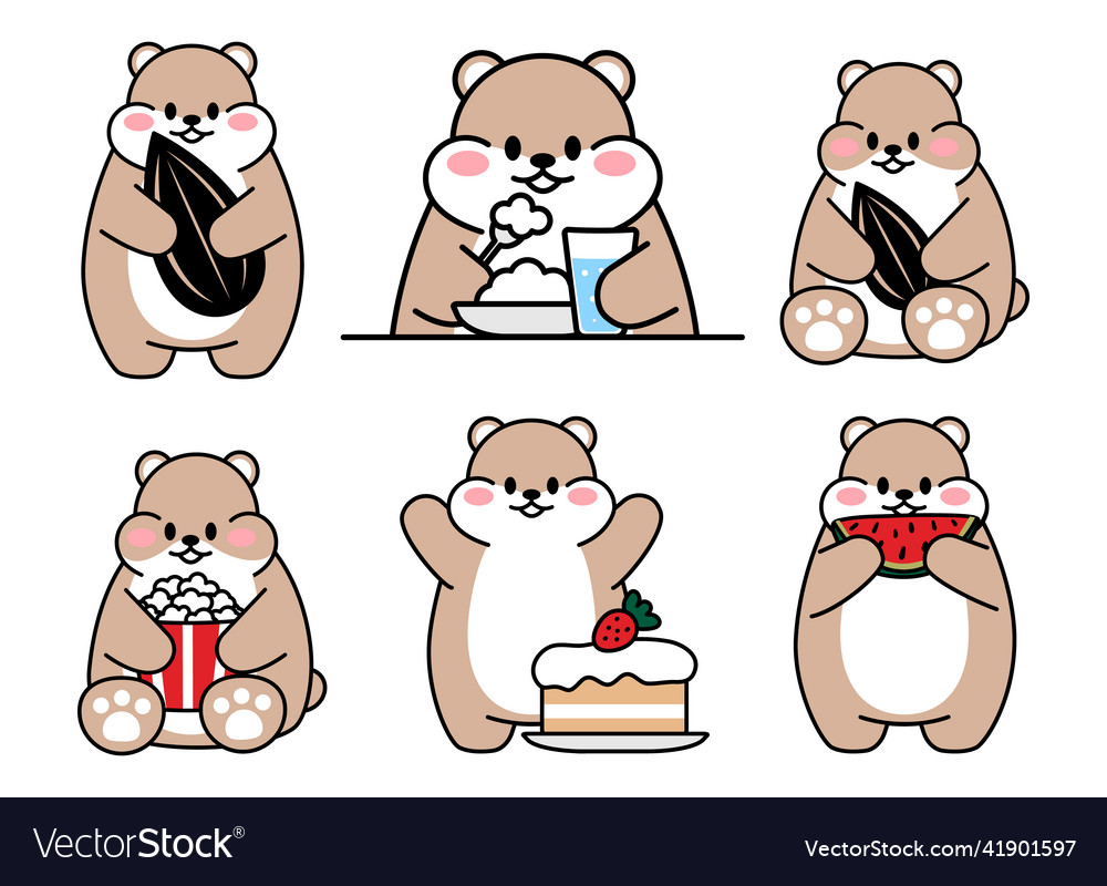 Set of cute drawn hamsters kawaii hamster eats Vector Image