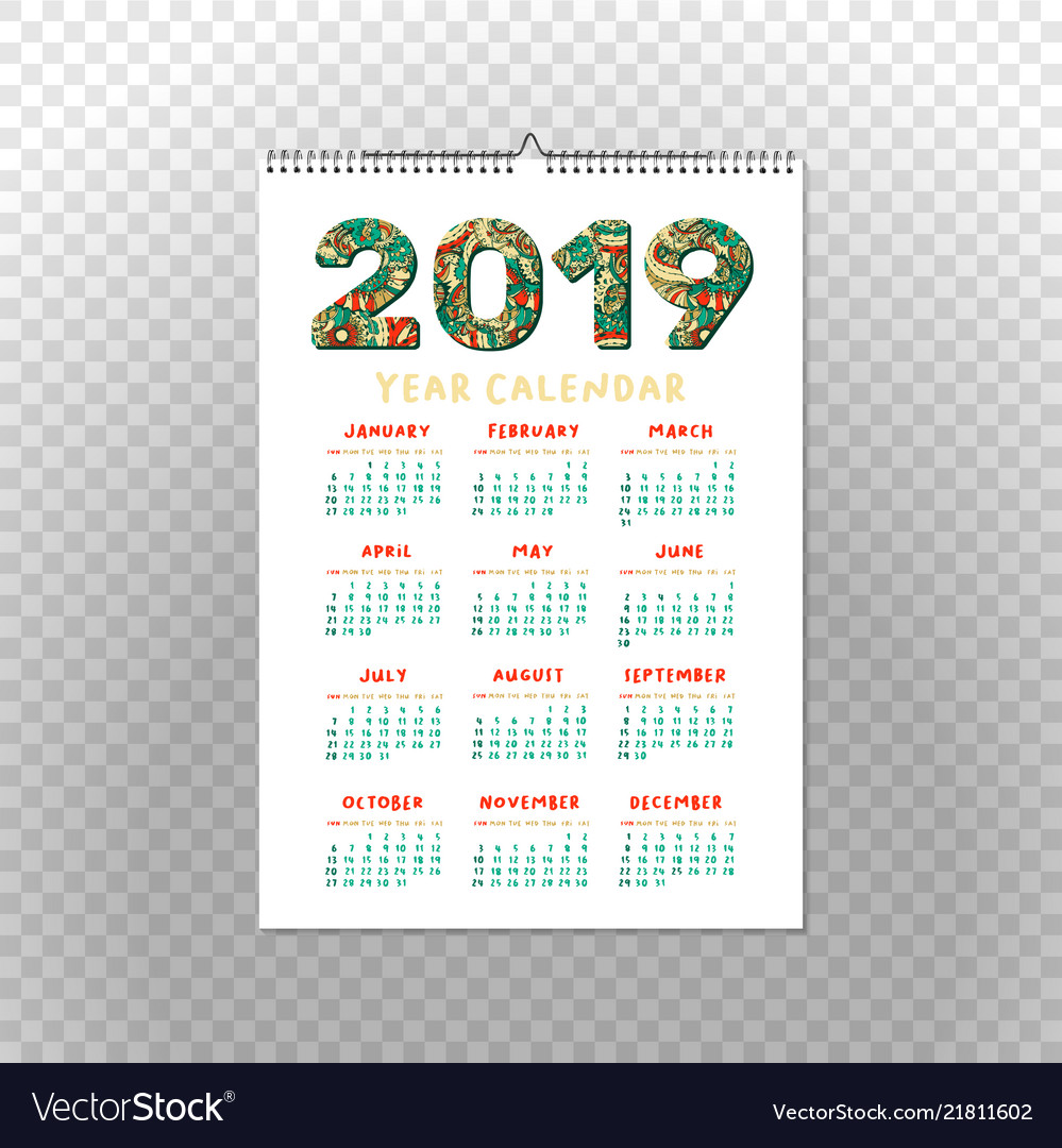 2019 year calendar xmas or happy new year holiday vector image yearly calendar with holidays 2019