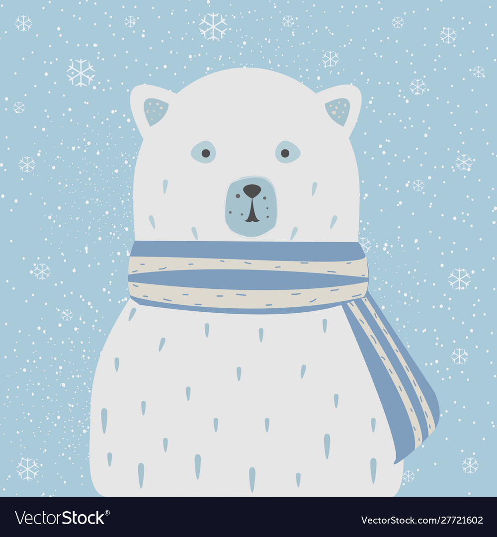 Polar white bear with scarf falling snow Vector Image