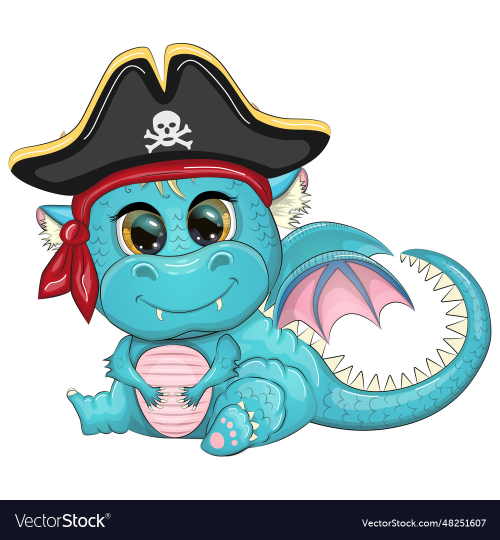 Cute cartoon green dragon pirate in a cocked hat Vector Image