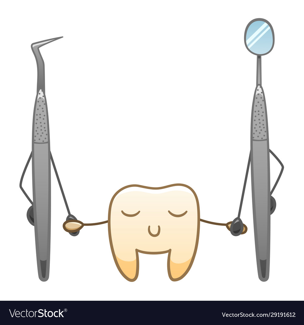 Cartoon tooth dental probe mouth mirror Royalty Free Vector