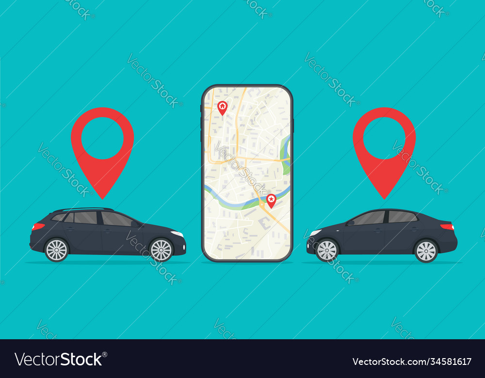 Car With App Cab In Mobile Uber Taxi Rent Of Vector Image