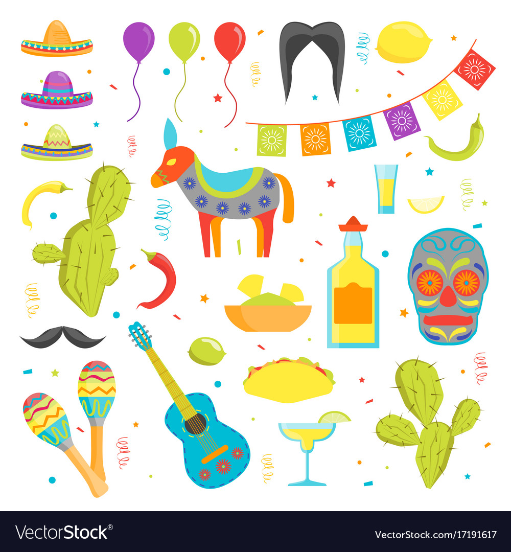 Cartoon symbol of mexico color icons set Vector Image