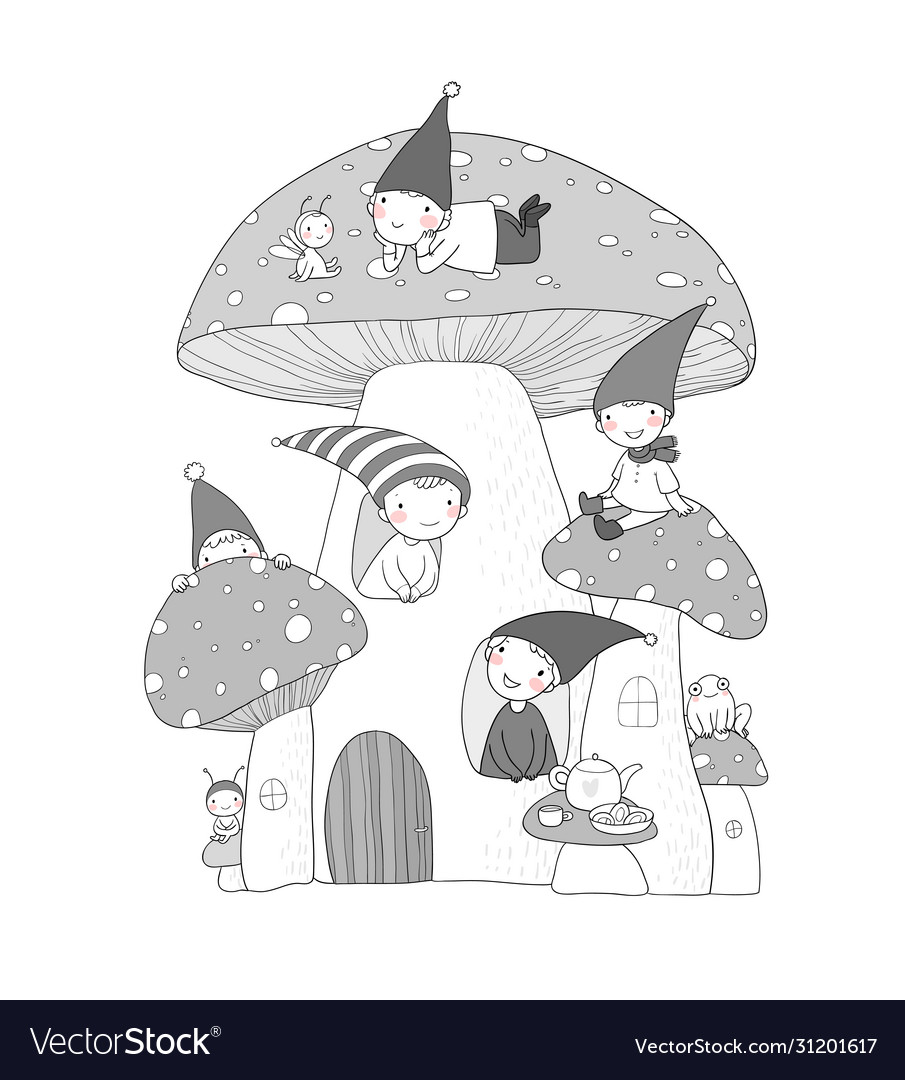 Cute cartoon gnomes mushroom house and frog Vector Image