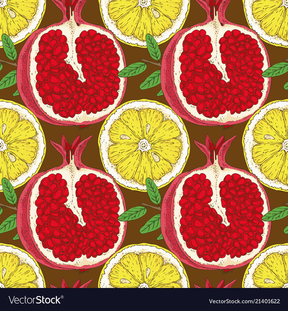 Seamless pattern with lemon slices and pomegranate