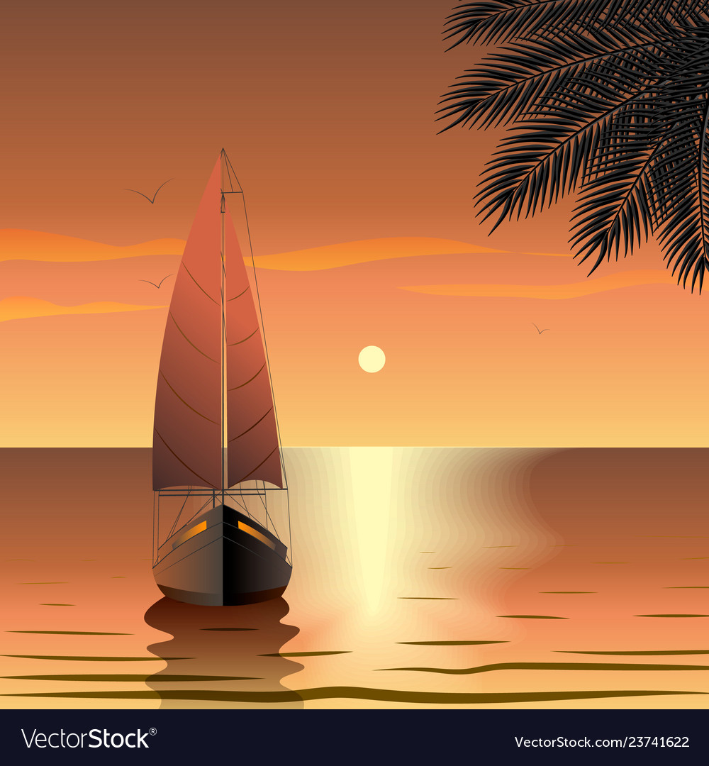 Yacht with sails in the sea at sunset near Vector Image