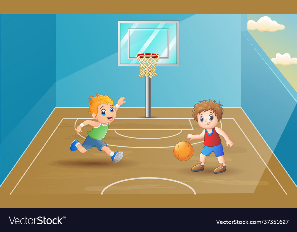 Children playing basketball at court Royalty Free Vector