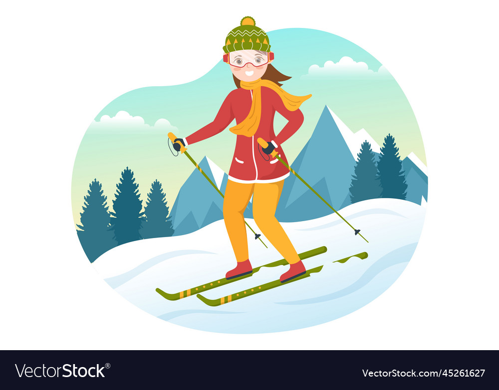 Ski with skiers sliding near mountain going Vector Image