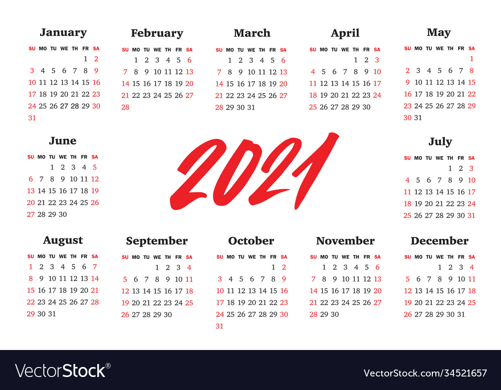 Calendar for 2021 year week starts sunday Vector Image