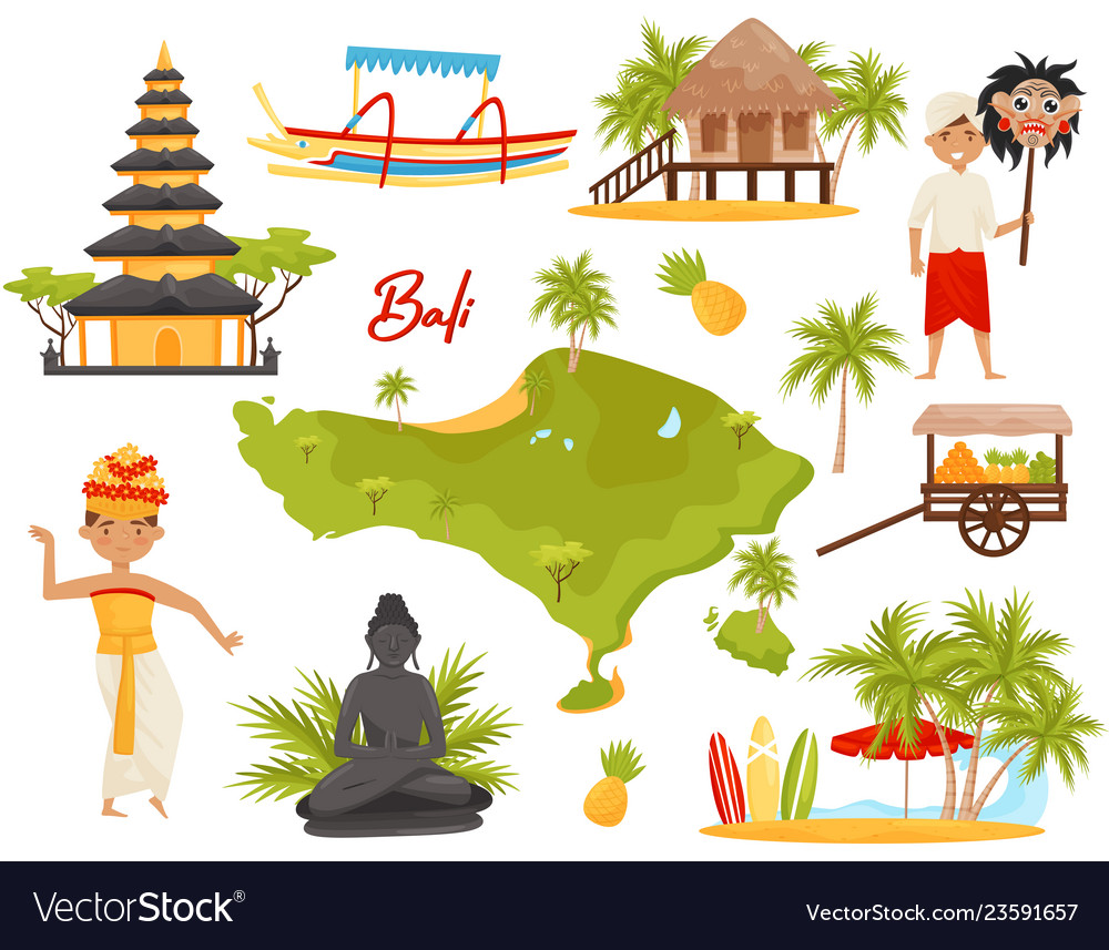 Flat set of balinese landmarks and cultural Vector Image