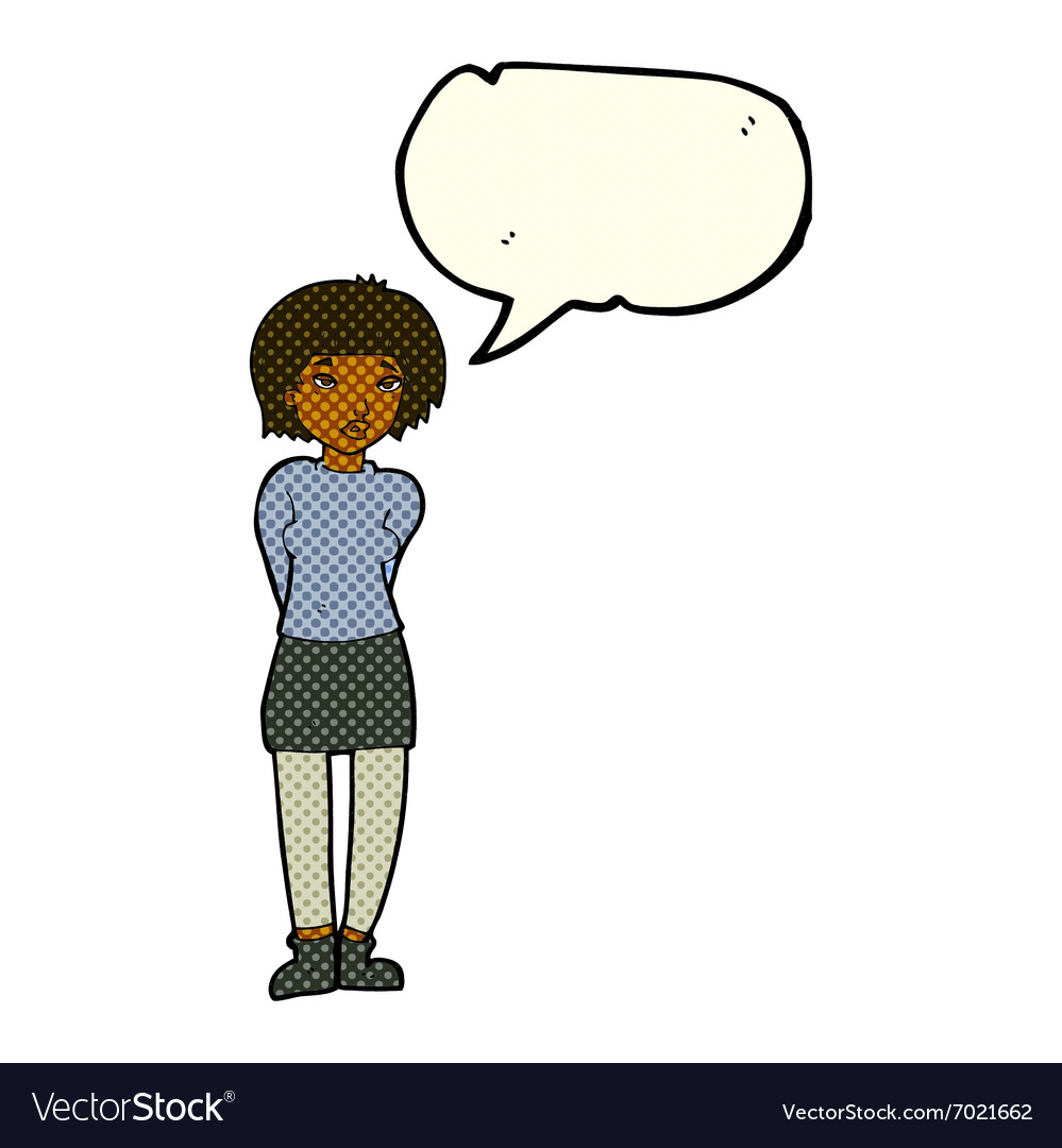 Cartoon shy woman with speech bubble Royalty Free Vector