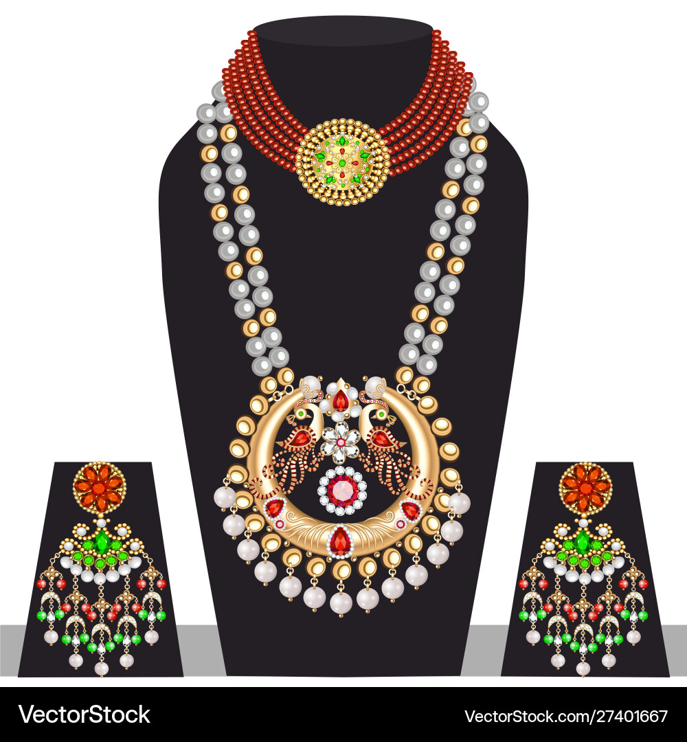 Set indian peacock wedding necklace Royalty Free Vector