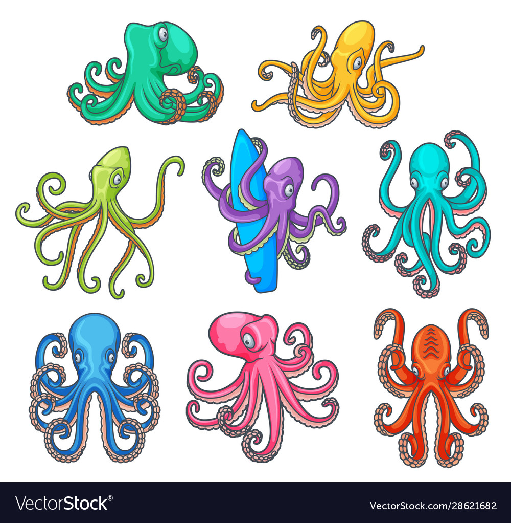 Cartoon colorful octopuses with tentacles Vector Image