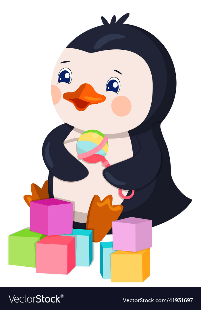 Cartoon baby penguin holding a rattle and playing Vector Image
