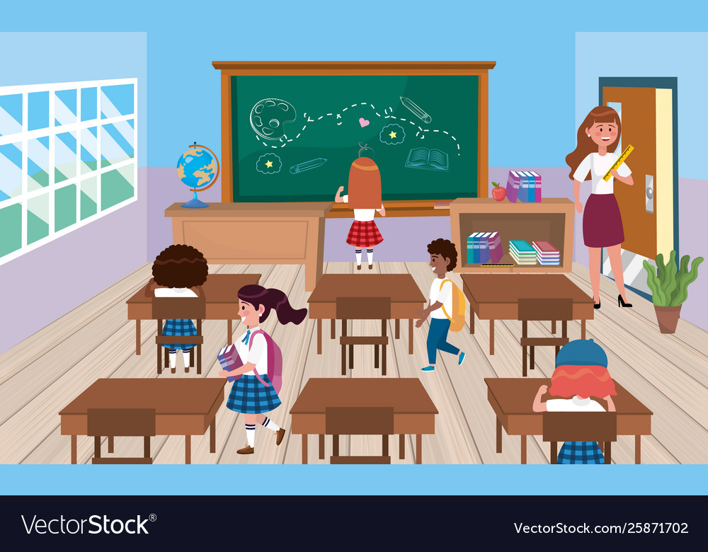 Girls and boys students with woman teacher Vector Image