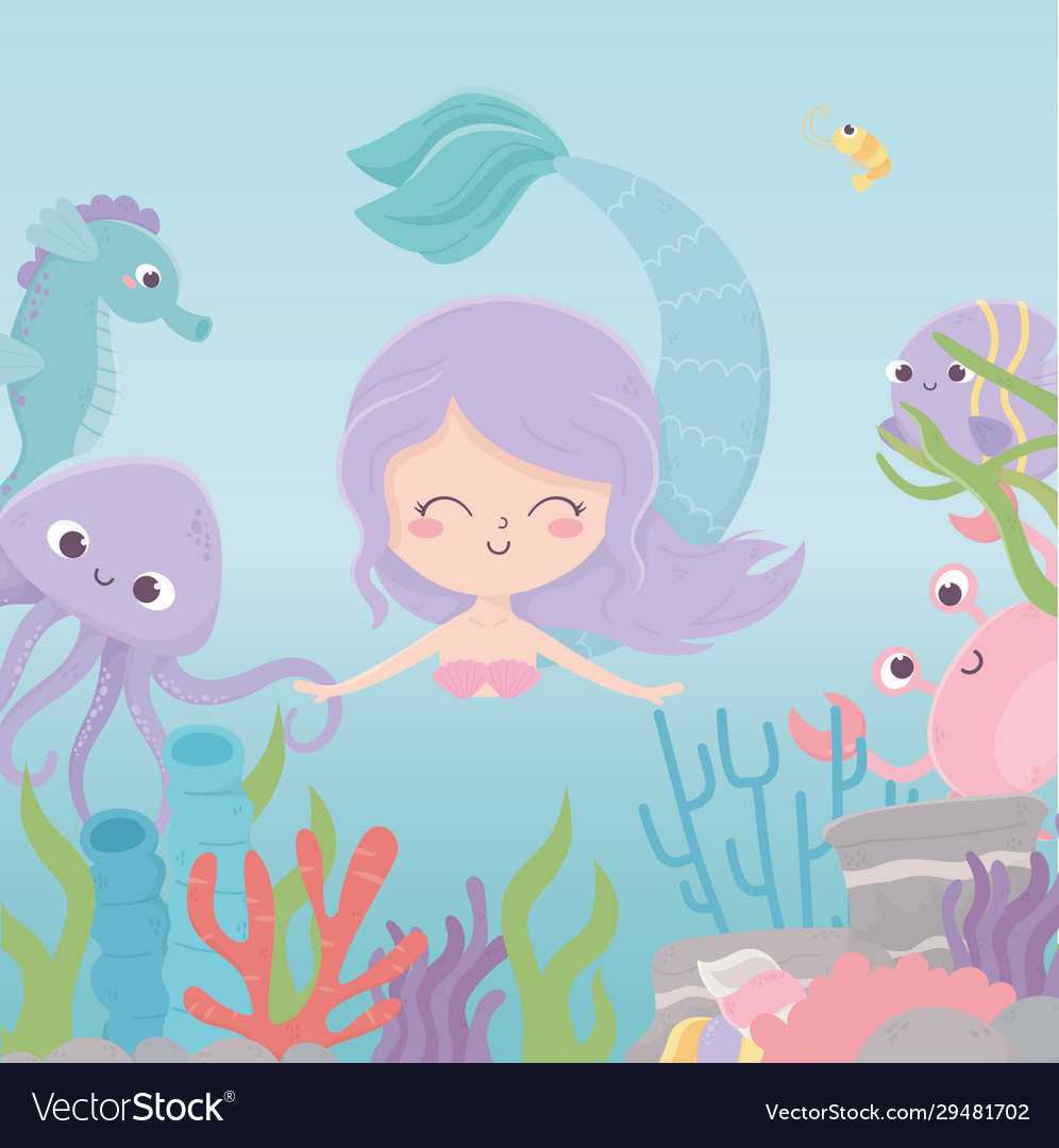 Mermaid octopus crab seahorse reef coral cartoon Vector Image