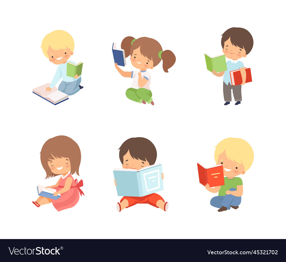 Preschool children reading books set cute little Vector Image