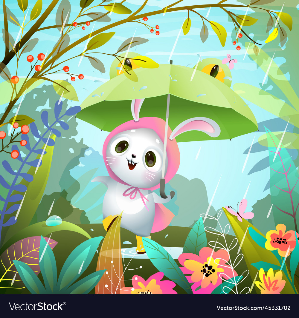 Rabbit or bunny with umbrella under rain in forest