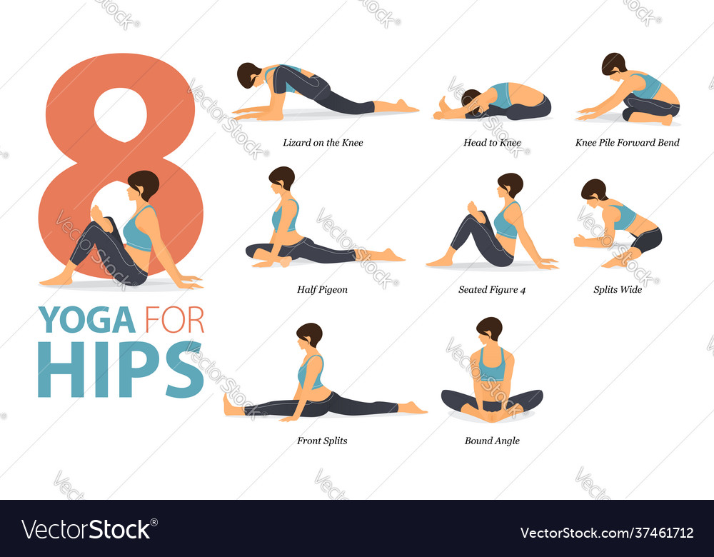 8 yoga poses for yoga for hips concept Royalty Free Vector