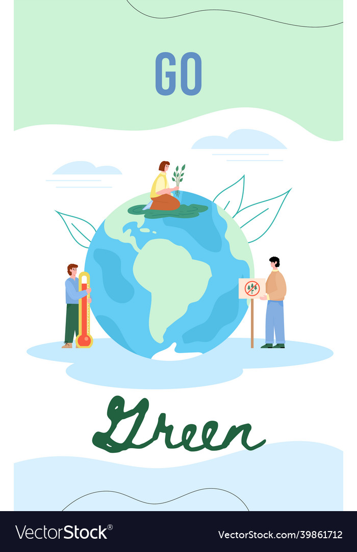 Green eco lifestyle poster with tiny people near Vector Image