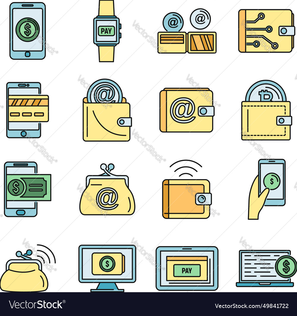 Modern digital wallet icons set color