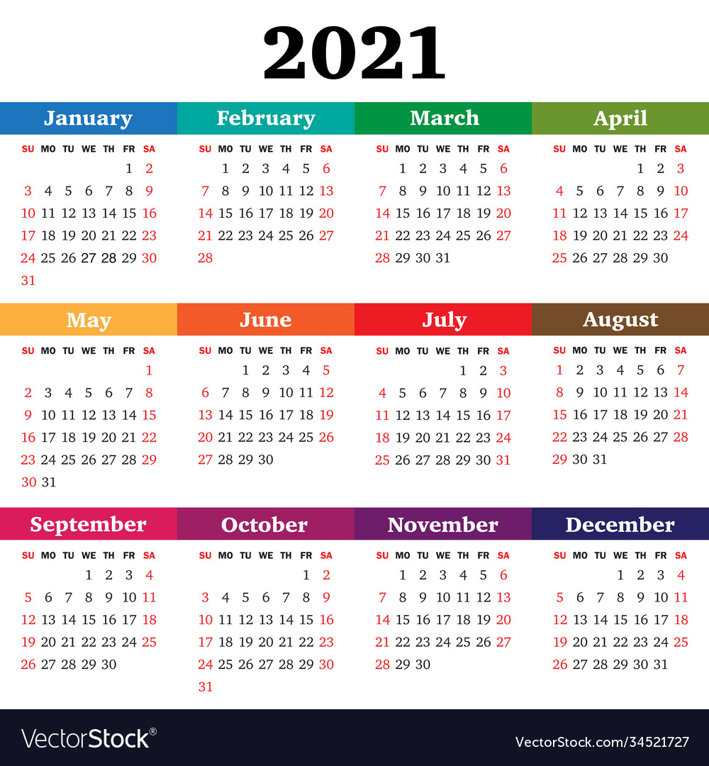 Calendar for 2021 year week starts sunday Vector Image