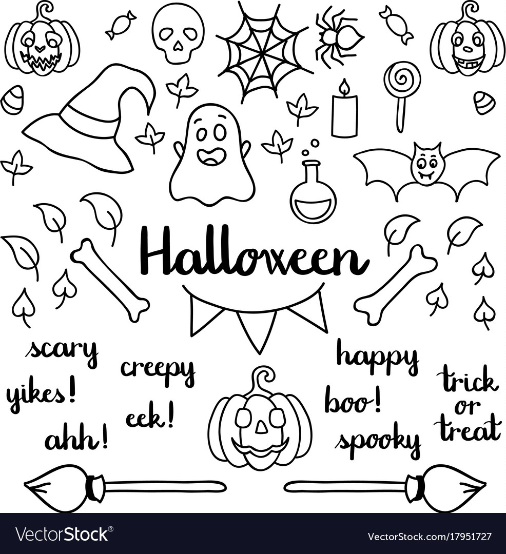 Halloween things and words isolated doodle Vector Image