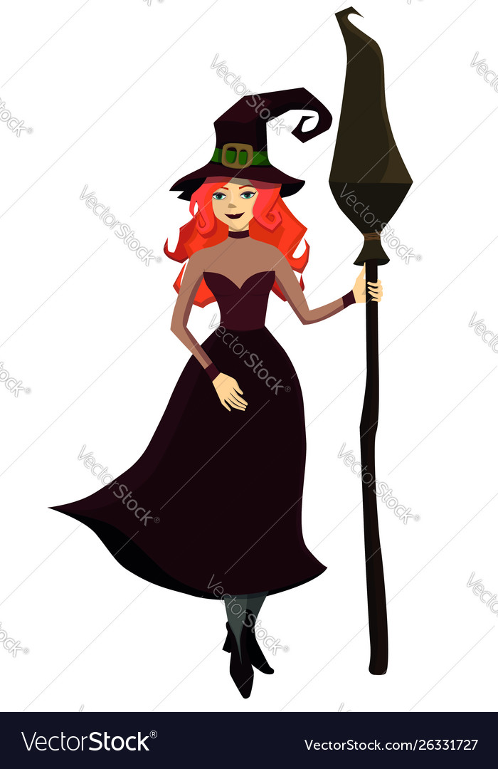 Red-haired witch with a broom in his hand isolate Vector Image