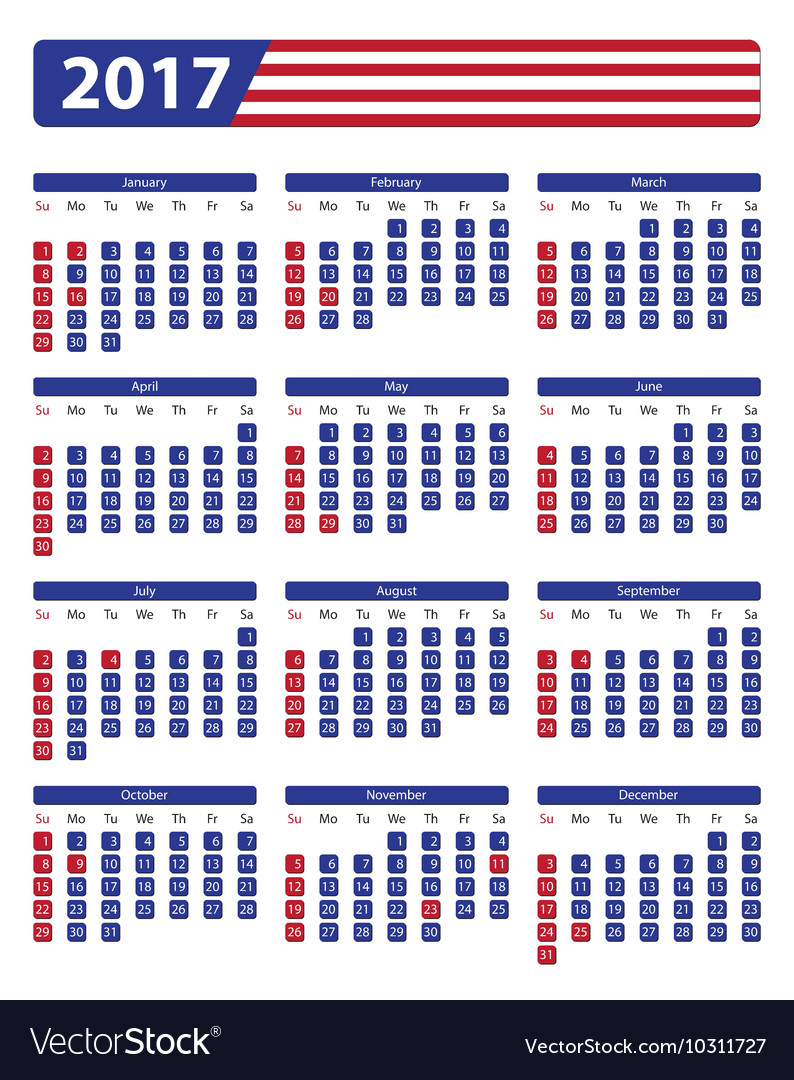 Usa calendar 2017 with official holidays Vector Image