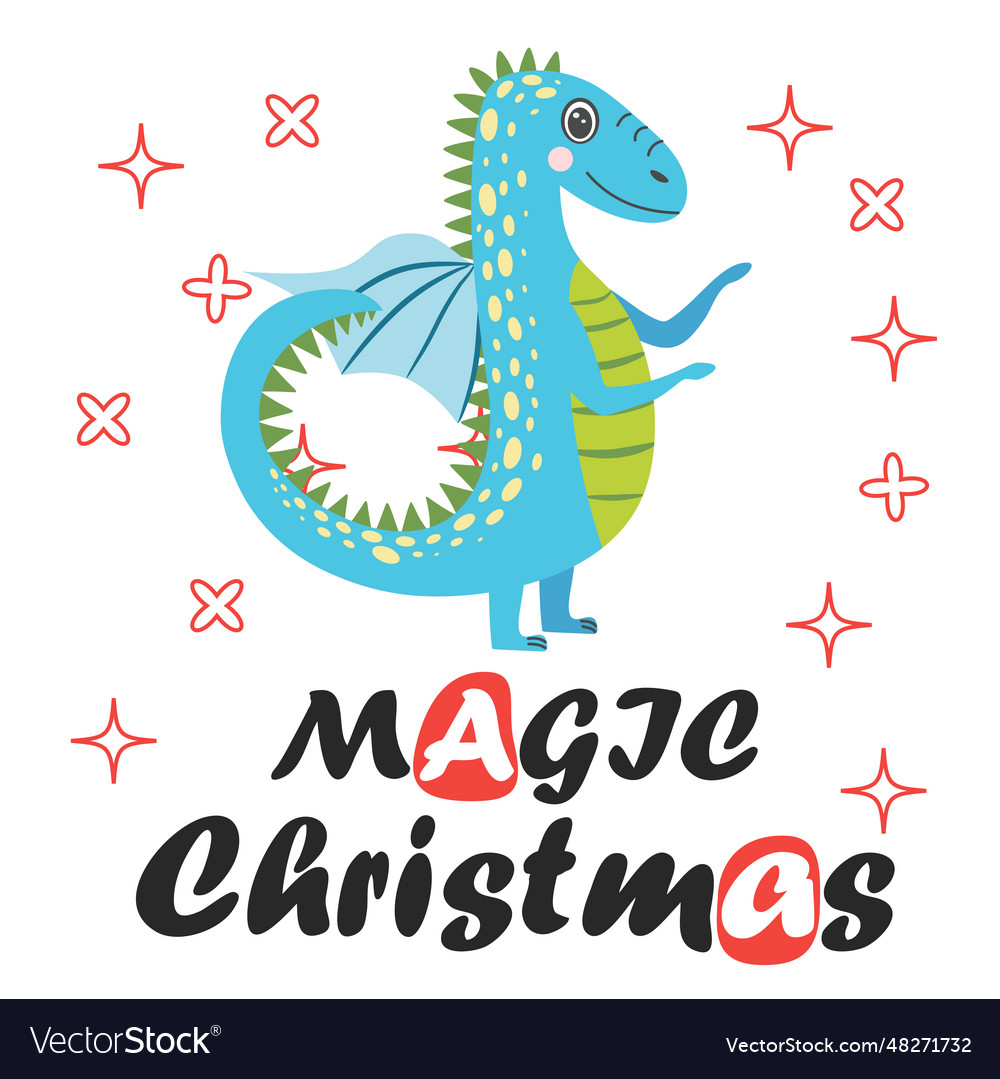 Christmas card with cute green dragon year of the Vector Image