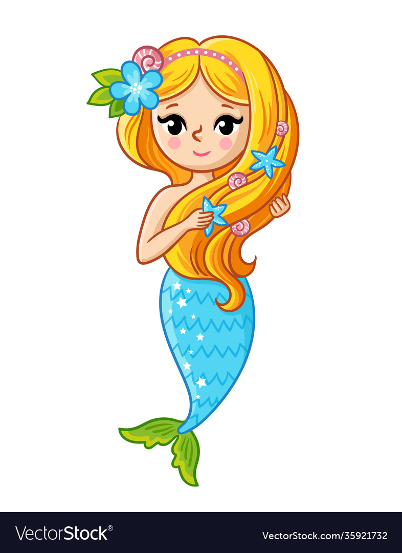 Cute mermaid with a blue tail on a white Vector Image