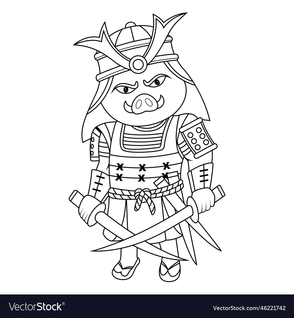 Samurai pig mascot logo line art Royalty Free Vector Image