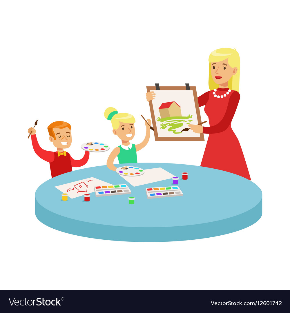 Two children in art class drawing cartoon Vector Image